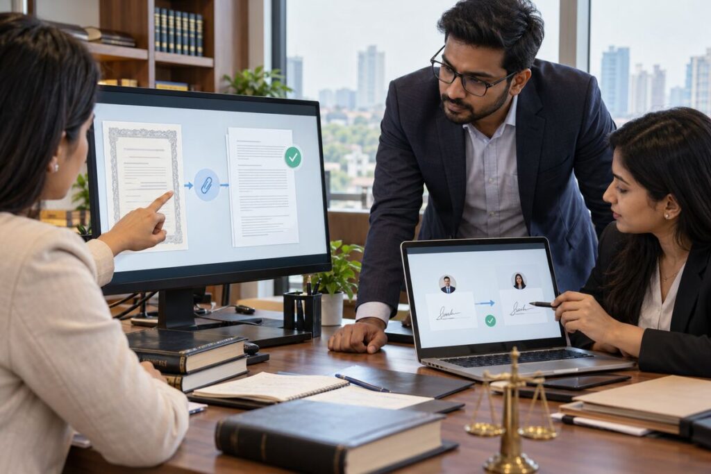 Indian legal operations team attaching an e-stamp certificate to a business agreement before routing it to multiple electronic signers.